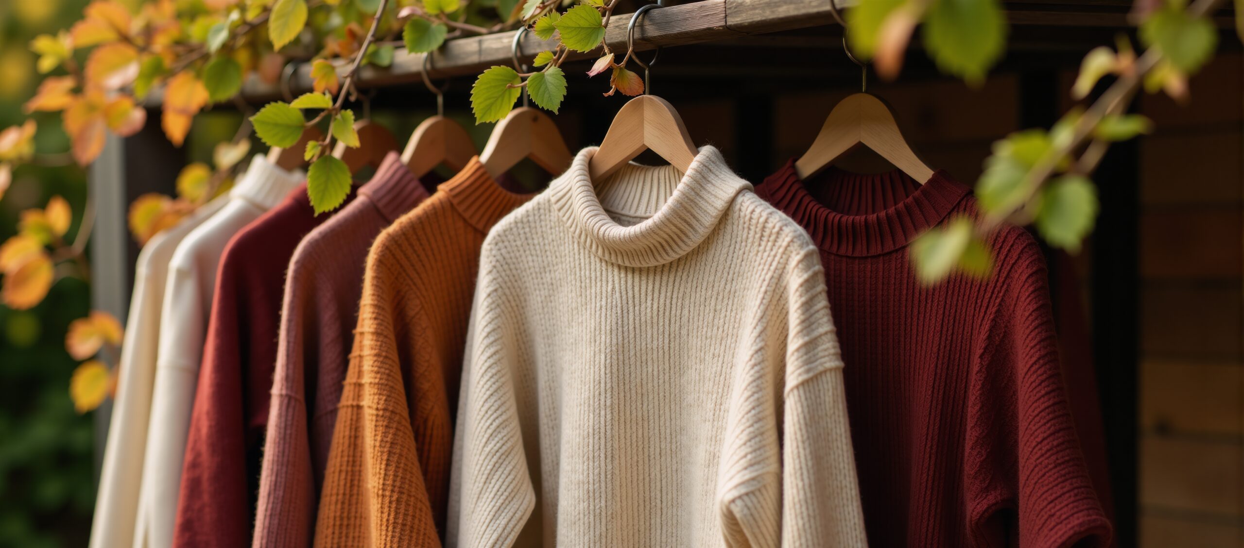 لیدی مد 3 knitwear racks display soft cozy sweaters surrounded by natural elements serene scaled